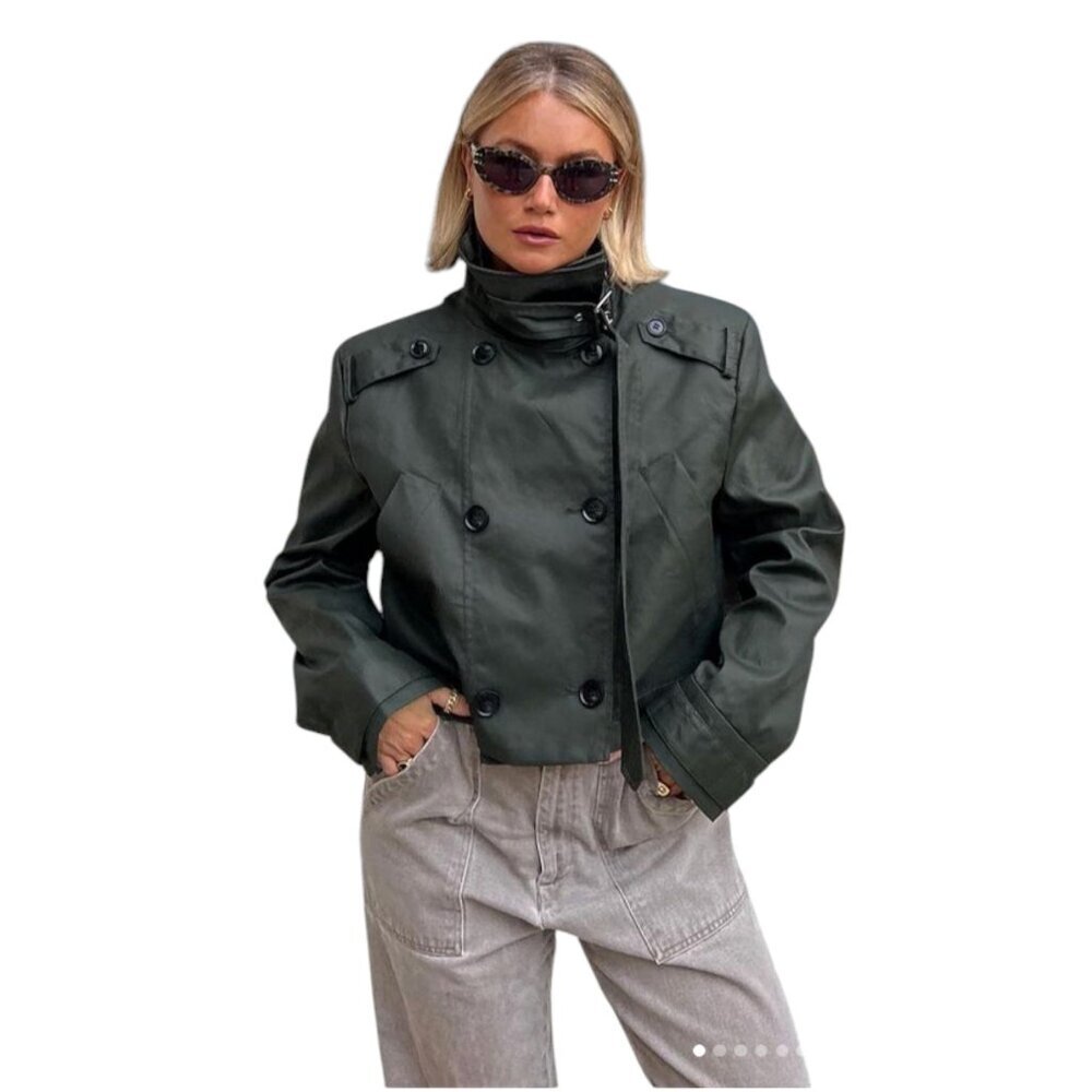 Zara Cropped Double-Breasted Utility Pea Coat Jacket, Dark Khaki, Small